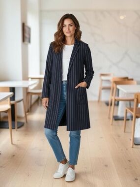 Anthropologie - Striped Navy Long Blazer Jacket